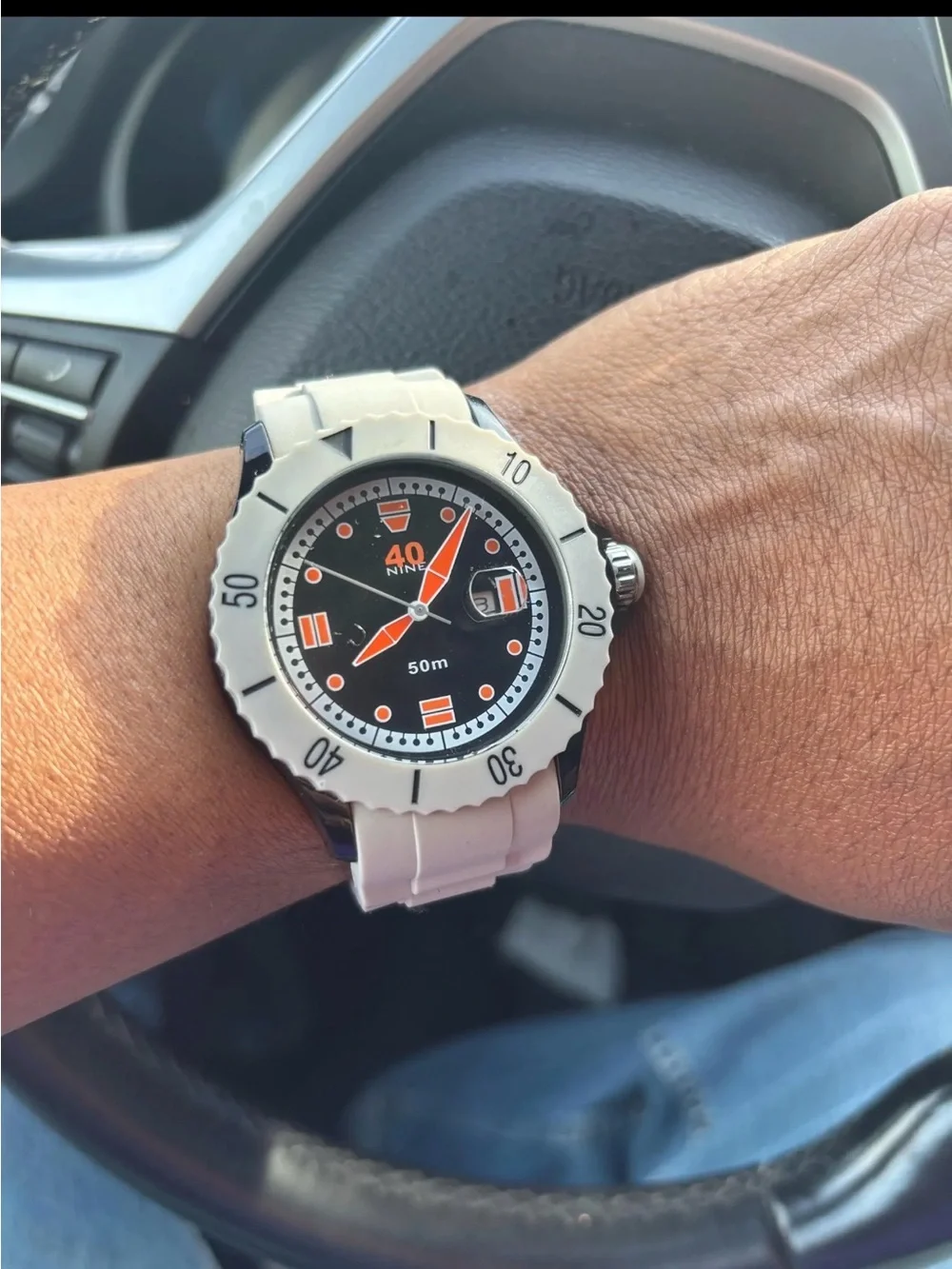 40Nine Unisex Sport Watch — Black Dial, Orange Indices, White Bezel